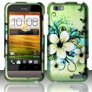 Hard Plastic Rubberized Snap On Design Case for HTC One V (Virgin Mobile) - Green Flowers Butterfly