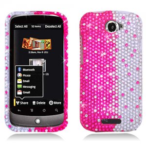 Hard Plastic Bling Diamond Snap On Cover Case for HTC One S/Ville (T-Mobile) - Silver and Pink
