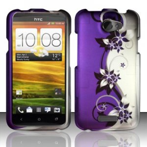 Hard Plastic Rubberized Snap On Design Case for HTC One X/Elite (AT&T) - Silver & Purple Vines
