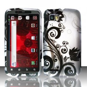 Hard Plastic Rubber Feel Design Case for Motorola Atrix 2 MB865 - Silver and Black Vines