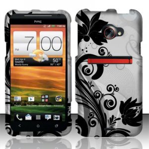 Hard Plastic Rubberized Snap On Design Case for HTC Evo 4G LTE - Silver and Black Vines