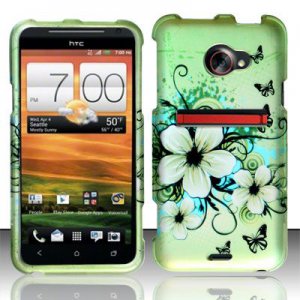 Hard Plastic Rubberized Snap On Design Case for HTC Evo 4G LTE - Green Flowers & Butterfly