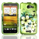 Hard Plastic Rubberized Snap On Design Case for HTC One X/Elite (AT&T) - Green Flowers & Butterfly