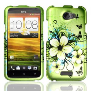 Hard Plastic Rubberized Snap On Design Case for HTC One X/Elite (AT&T) - Green Flowers & Butterfly
