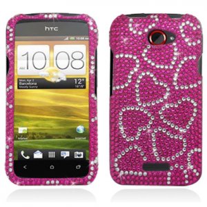 Hard Plastic Bling Diamond Snap On Cover Case for HTC One X/Elite (AT&T) - Hot Pink Hearts