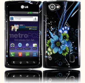 Hard Plastic 2-Piece (Snap On) Design Case for LG Optimus M Plus MS695 - Black and Blue Flowers