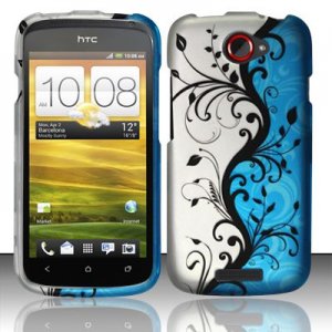 Hard Plastic Rubberized Snap On Design Case for HTC One S/Ville (T-Mobile) - Silver & Blue Vines