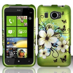 Hard Plastic Rubberized Snap On Design Case for HTC Titan II (AT&T) - Green Flowers & Butterfly