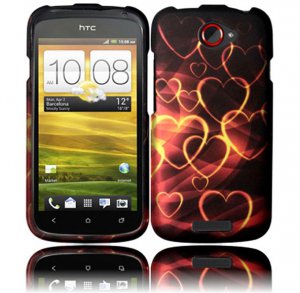 Hard Plastic Rubberized Snap On Design Case for HTC One S/Ville (T-Mobile) - Gold Hearts