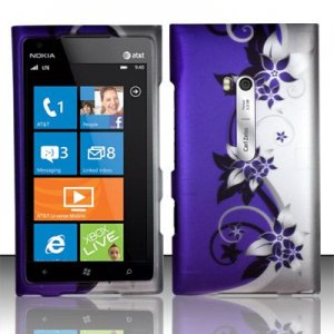 Hard Plastic Rubberized Snap On Design Case for Nokia Lumia 900 (AT&T) &acirc;�� Silver and Purple Vines