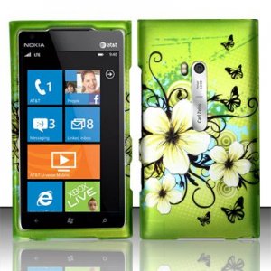 Hard Plastic Rubberized Snap On Design Case for Nokia Lumia 900 (AT&T) &acirc;�� Green Flowers Butterfly