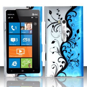 Hard Plastic Rubberized Snap On Design Case for Nokia Lumia 900 (AT&T) &acirc;�� Silver and Blue Vines