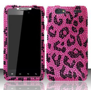 Hard Plastic Bling Rhinestone Design Case for Motorola Droid RAZR Maxx XT916 - Hot Pink Leopard