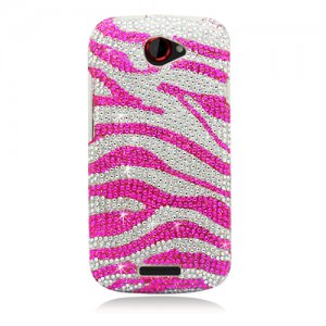 Hard Plastic Bling Diamond Snap On Cover Case for HTC One S/Ville (T-Mobile) - Pink Zebra