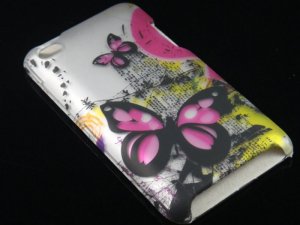 Hard Plastic Rubber Feel Design Case for Apple iPod Touch 4 - Silver & Pink Butterfly