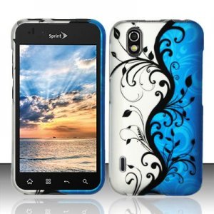 Hard Plastic Rubber Feel Design Case for LG Marquee LS855 - Silver and Blue Vines