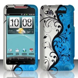 Hard Plastic Rubber Feel Design Case for HTC Merge 6325 - Silver and Blue Vines