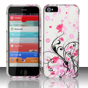 New Hard Plastic Rubberized Snap On Case Cover for Apple iPhone 5 &acirc;�� Silver & Pink Vines