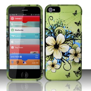 New Hard Plastic Rubberized Snap On Case Cover for Apple iPhone 5 &acirc;�� Green Flowers & Butterfly