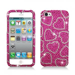 Hard Plastic Bling Rhinestone Snap On Case Cover for Apple iPhone 5 - Hot Pink Hearts