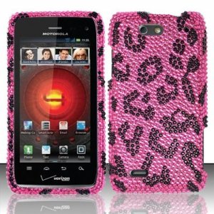 Hard Plastic Bling Rhinestone Design Case for Motorola Droid 4 (Verizon) - Hot Pink Leopard
