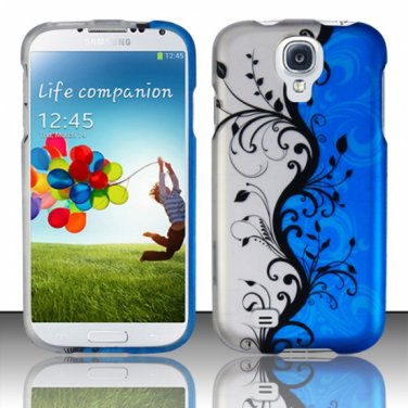 Hard Plastic Rubberized Snap On Case Cover for Samsung Galaxy S4 IV i9500 &acirc;�� Silver & Blue Vines