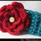 Crocheted teal headband with large red flower - for toddler