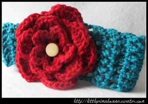 Crocheted teal headband with large red flower - for toddler