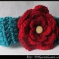 Crocheted teal headband with large red flower - for toddler
