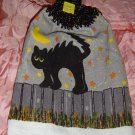 HALLOWEEN BLACK CAT ON FENCE Crochet top kitchen towel