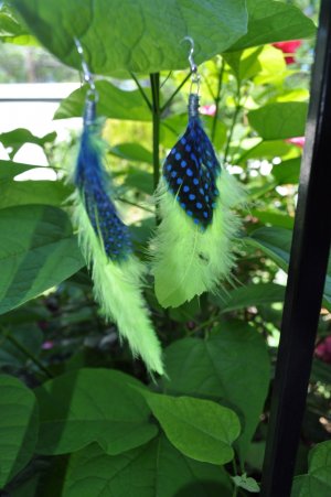 Neon Yellow & Blue Polka Dot Feather Earrings