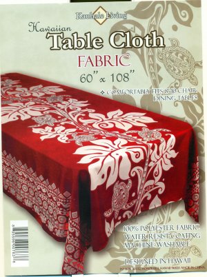 Hawaiian Tropical Fabric Tablecloth 60-inch By 108-inch (Honu Turtle and Monstera, Red color)