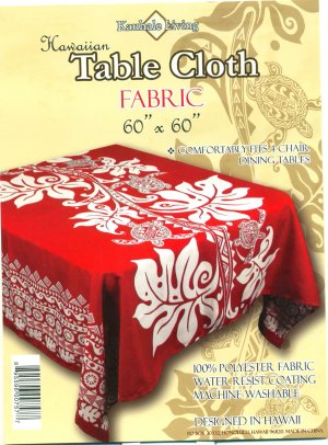 Hawaiian Tropical Fabric Tablecloth 60-inch By 60-inch (Honu Turtle and Monstera, Red color)