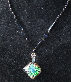 Tropical flower Lampwork Glass Pendant Necklace green