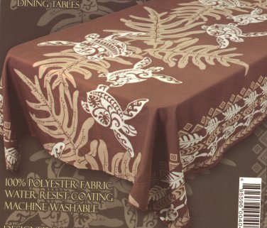 Hawaiian Tropical Fabric Tablecloth 60-inch By 84-inch (Honu Turtle and Monstera, Brown color)