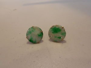 Old jade carved stud earrings 14kt gold