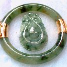 Vintage 14K Hinge Translucent Green Jade with Veining Bracelet & Match Certified Pendant