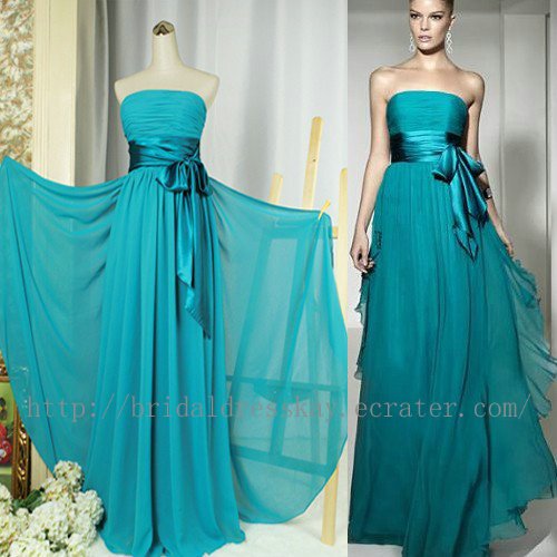 Custom Simple Full Length Blue Green Bridesmaid Dress