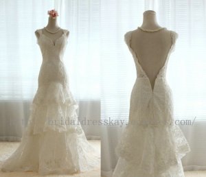 Sexy Deep Open Back Layers Tiered v-neck French Lace Wedding Dress