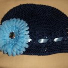 Navy Blue Crochet Hat with Blue Flower