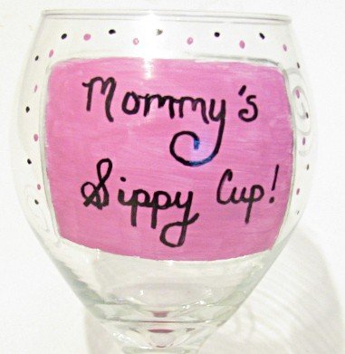 Mommys Sippy Cup Hand Painted Wine Glass In Pink and Black Polka Dots