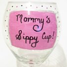 Mommys Sippy Cup Hand Painted Wine Glass In Pink and Black Polka Dots