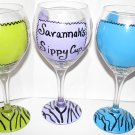 Design Your Glass... Zebra Stripes and Polka dots One Hand Painted Wine Glass Your Choice of Colors