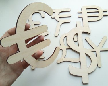 Wood Currency Symbols EU Euro US Dollar UK Pound China Yuan Bitcoin Japan Yen Italia Lira