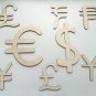 Wood Currency Symbols EU Euro US Dollar UK Pound China Yuan Bitcoin Japan Yen Italia Lira