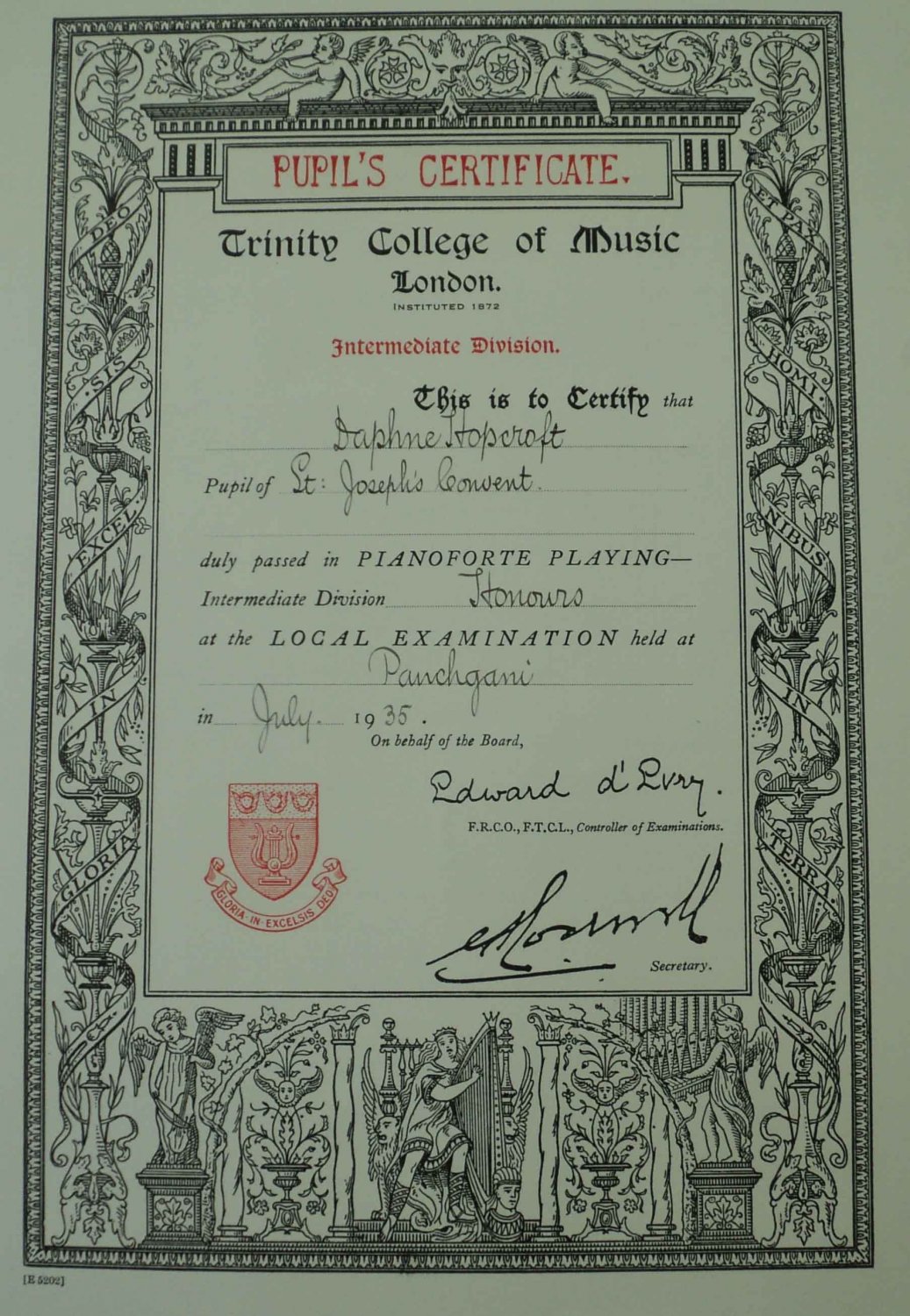 1935 BRITISH INDIA TRINITY COLLEGE OF LONDON MUSIC CERT