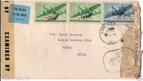 Censor cover 4974 lake forest ILL. USA To Service Club, Simla