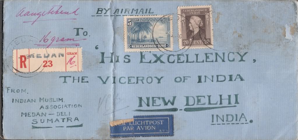 1946 Cover Sumatra Muslim Association Addressed to Viceroy of India New Delhi