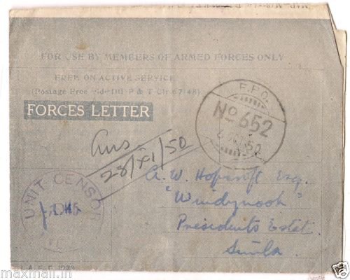 Handwritten Forces Letter FPO 652 Unit Sensor 1950 to Presidents estate Simla