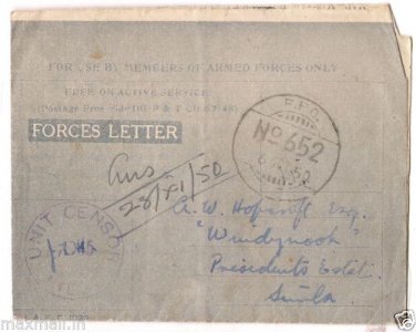 Handwritten Forces Letter FPO 652 Unit Sensor  1950 to Presidents estate Simla